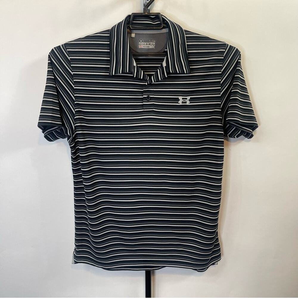 Under Armour Regular HeatGear Black Grey Striped Polo Shirt Size Large Men’s